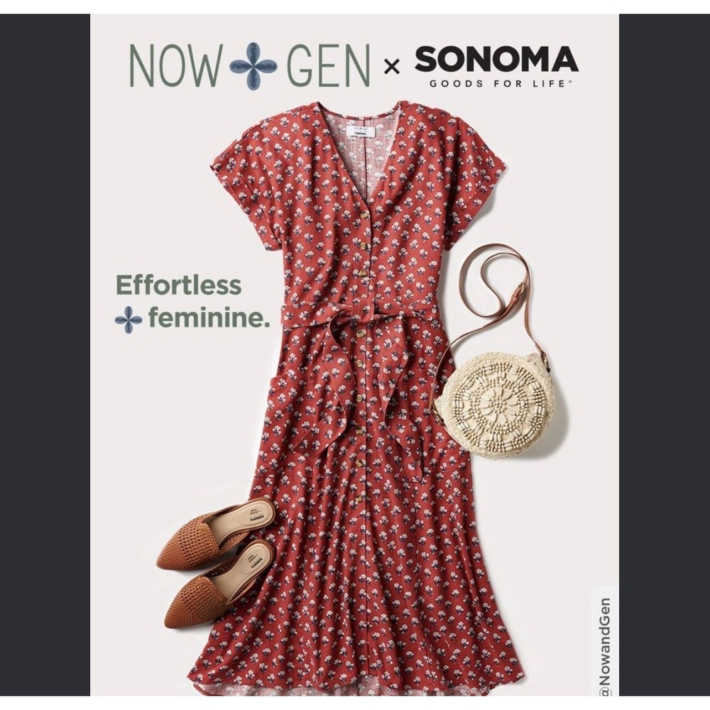 Now + Gen x Sonoma Floral Button Down Midi Dress PXS Cottagecore Boho Red Fall